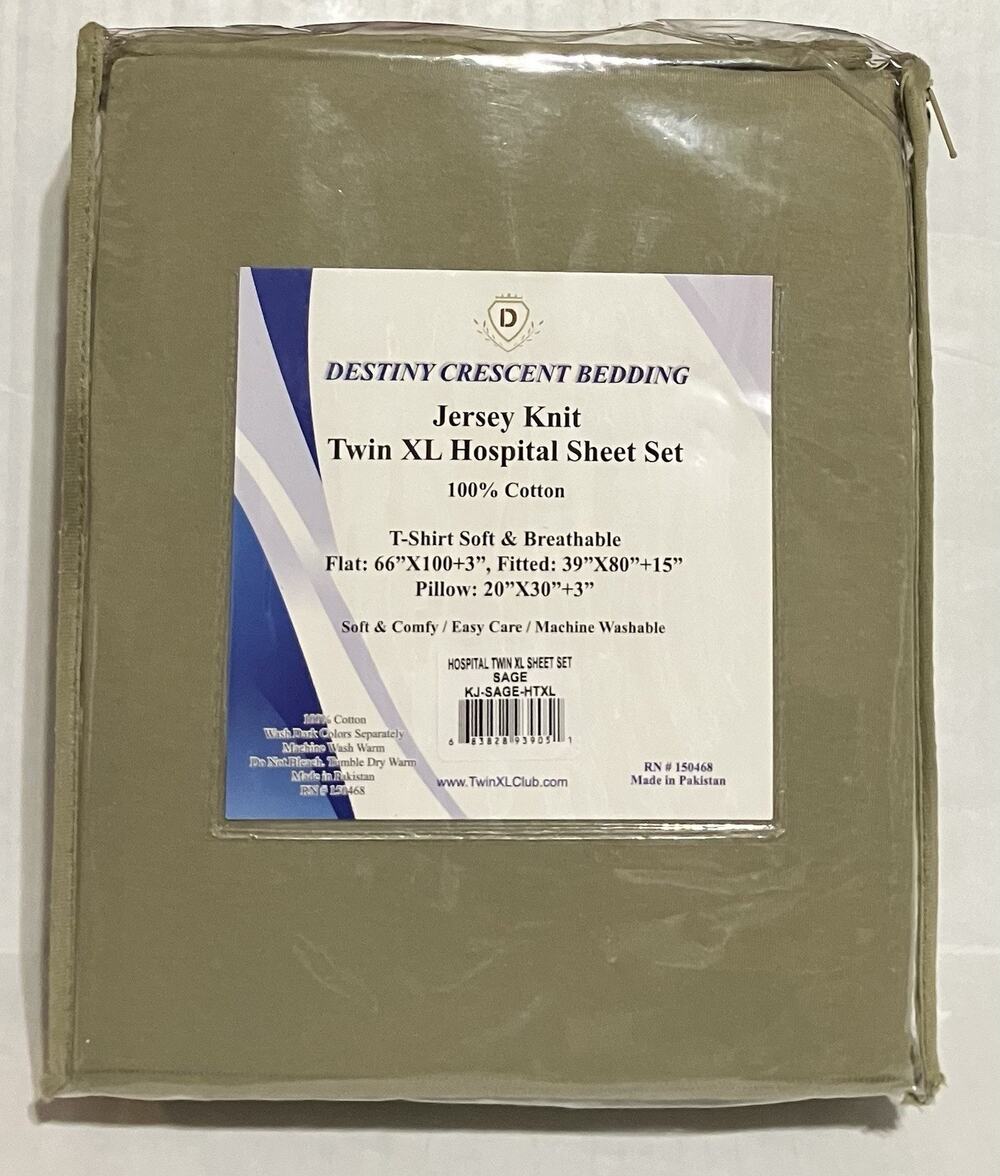 Destiny Crescent Bedding Twin XL Hospital Sheet Set Jersey Knit Sage Green NIP